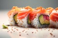 Maki rolls in row with salmon, avocado, tuna, cucumber. Japanese food with sushi roll. Generative AI Royalty Free Stock Photo