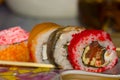 Maki rolls with salmon, eel, cream cheese Philadelphia, caviar tobica Royalty Free Stock Photo
