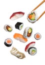 maki sushi falling isolated on white background
