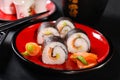 Maki sushi on red plate and sake Royalty Free Stock Photo