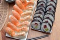 Maki sushi rolls and nigiri sushi with salmon and shrimp japan food on the table detail Royalty Free Stock Photo