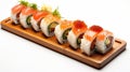 Maki Sushi Rolls set on wooden bamboo board.