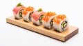 Maki Sushi Rolls set on wooden bamboo board.