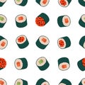 Maki sushi seamless vector pattern. Japanese roll with raw salmon, tuna, red caviar, cucumber, avocado and rice wrapped in nori