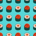 Maki sushi seamless vector pattern. Japanese rolls with raw salmon, tuna, red caviar, rice wrapped in nori seaweed Royalty Free Stock Photo