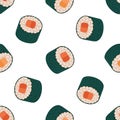 Maki sushi seamless vector pattern. Tasty Japanese roll with raw salmon, tuna, rice wrapped in nori seaweed. Fresh Asian snack,