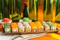 Maki Sushi set on wooden tray on bar background Royalty Free Stock Photo