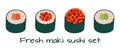 Maki sushi vector icon set. Tasty Japanese rolls with salmon, tuna, caviar, cucumber, avocado and rice wrapped in nori Royalty Free Stock Photo