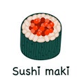 Maki sushi vector icon. Tasty Japanese roll with red fish caviar, rice wrapped in nori seaweed. Fresh Asian snack, seafood. Raw