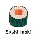 Maki sushi vector icon. Tasty Japanese roll with salmon or tuna, rice wrapped in nori seaweed. Fresh Asian snack, fish delicacy.