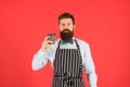 Making best coffee. Hipster barista hold cup fresh brewed drip coffee. Coffee made by slowly pouring hot water through Royalty Free Stock Photo