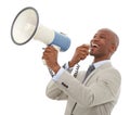 Making a big business announcement. An African-American businessman speaking over a loudspeaker. Royalty Free Stock Photo