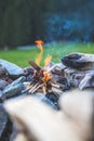 Making a bonfire: Small flame on a camping trip, adventure outdoors