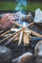 Making a bonfire: Small flame on a camping trip, adventure outdoors