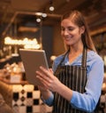 Making business simple. an attractive young woman using a digital tablet in her coffee shop.