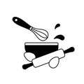 Making cake dough. Black cooking outline emblem. Bowl, kitchen whisk, rolling pin, chicken eggs, splash, drops. Silhouette simple Royalty Free Stock Photo