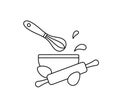 Making cake dough. Cooking contour emblem. Bowl, kitchen whisk, rolling pin, chicken eggs, splash or drops. Line art simple icon Royalty Free Stock Photo