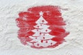 Making christmas cookies concept - xmas tree drawing in flour on Royalty Free Stock Photo