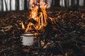 Making coffee at the stake. Make coffee or tea on the fire of nature. Burned fire. A place for fire. Royalty Free Stock Photo