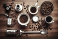 Making coffee. Top view of a kitchen table with ingredients and tools. Generative AI