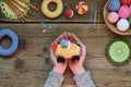 Making colored crochet racing car. Toy for babies and toddlers to learn mechanical skills and colors. On the table threads, Royalty Free Stock Photo