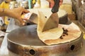 Making crepe banana chocolate crispy pancake Royalty Free Stock Photo
