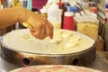 Making crepe banana chocolate crispy pancake Royalty Free Stock Photo