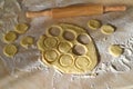 Making curd biscuits. Rolled dough and round raw biscuits on wheat flour near rolling pin