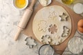 Making delicious cookies. Cookie cutters. Dough for baking. Ingredients for the dough, eggs, flour, butter, sugar on a light backg Royalty Free Stock Photo