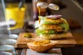 Making Delicious Homemade Maxi Burger with grilled beef steak, lettuce, cheese, tomato, onion, barbecue sauce, honey mustard, pick