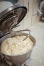 Making dough for bread in a kneader in a bakery