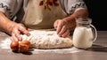 Making dough by female hands at bakery. Cooking bread. Kneading the Dough Royalty Free Stock Photo
