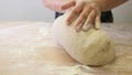 Making dough by male hands at bakery