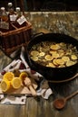 Making the Elderflower cordial - third step wih finished product Royalty Free Stock Photo