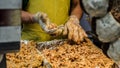 Making Eomuk, Korean street food. Fried fish cake, sausage in Se Royalty Free Stock Photo