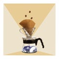 Making fantastic coffee. Beans falling into paper filter, brewing coffee drink. Contemporary art collage. Poster. Drink