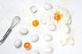 Making fresh pasta or dough.Eggs, flour on the white background