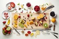 Making a fruit salad. Top view of a kitchen table with ingredients and tools. Generative AI