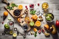 Making a fruit salad. Top view of a kitchen table with ingredients and tools. Generative AI
