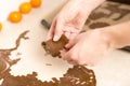 Making gingerbread cookies for Christmas in kitchen. Woman`s han Royalty Free Stock Photo