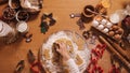 Making gingerbread at home. Little girl cutting cookies of gingerbread dough. Christmas and New Year traditions concept Royalty Free Stock Photo