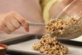 Making granola. Woman putting mixture of oat flakes, dried fruits and other ingredients onto baking tray, closeup