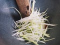 Making of green papaya salad with ingredients crab dried shrimp are mixing and pounding in a mortar. we call ` Som tum ` in Thai