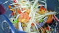 Making of green papaya salad with ingredients crab dried shrimp are mixing and pounding in a mortar.