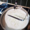Making halumi cheese and ricotta with your own hands. Step-by-step photos of the process. Slicing the cheese clot in