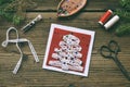 Making of handmade christmas greeting card from felt with your own hands. Children's DIY concept. Making xmas decoration Royalty Free Stock Photo