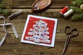 Making of handmade christmas greeting card from felt with your own hands. Children& x27;s DIY concept. Making xmas decoration Royalty Free Stock Photo