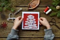 Making of handmade christmas greeting card from felt with your own hands. Children& x27;s DIY concept. Making xmas decoration Royalty Free Stock Photo