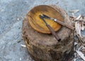 Making handmade wooden bowl with wood carving tools Royalty Free Stock Photo