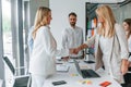 Making handshake. Group of professional business people is in the office Royalty Free Stock Photo